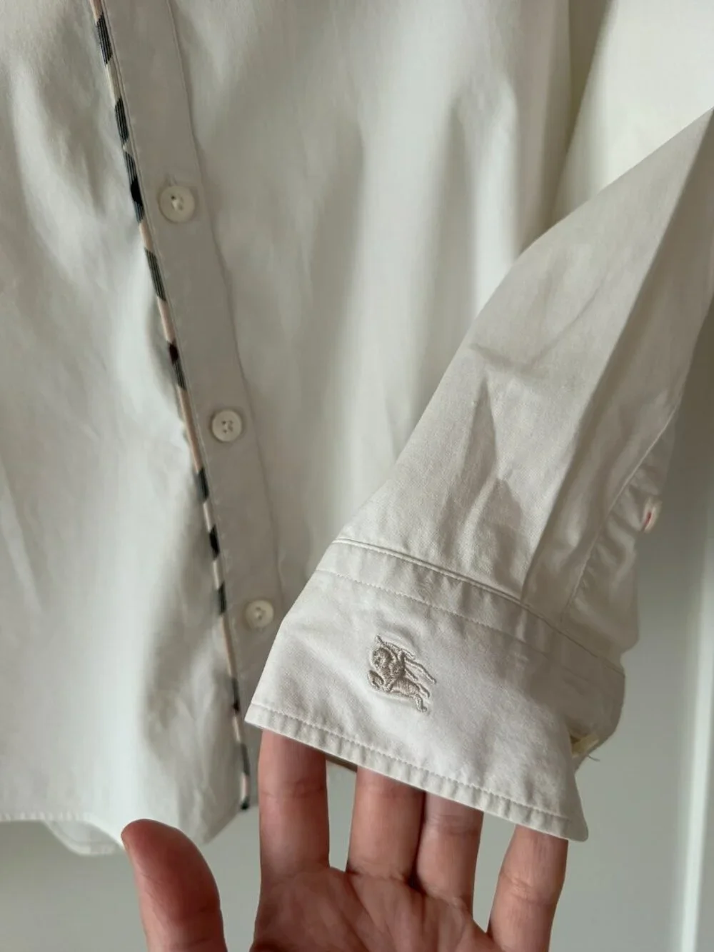 Burberry London White Cotton Button Up Shirt Sz S Nova Check Trim Stretch - Picture 4 of 7